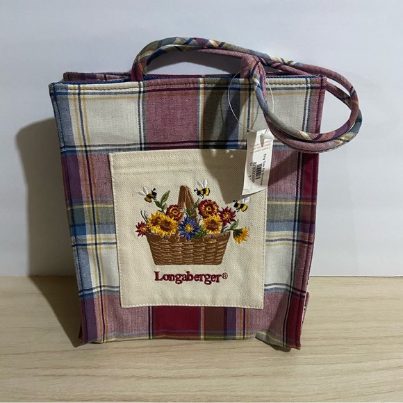 Vtg Longaberger Tote Lunch Bag Cotton Embroidered Bee & Flower Basket Logo Pouch - Picture 1 of 11